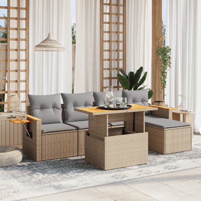 6-tlg. Garten-Sofagarnitur mit Kissen Schwarz Poly Rattan