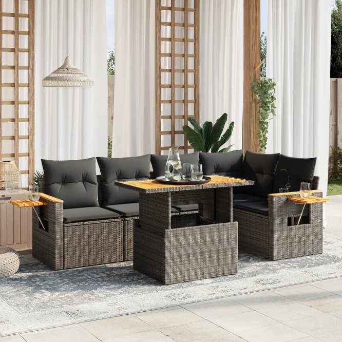 6-tlg. Garten-Sofagarnitur mit Kissen Schwarz Poly Rattan