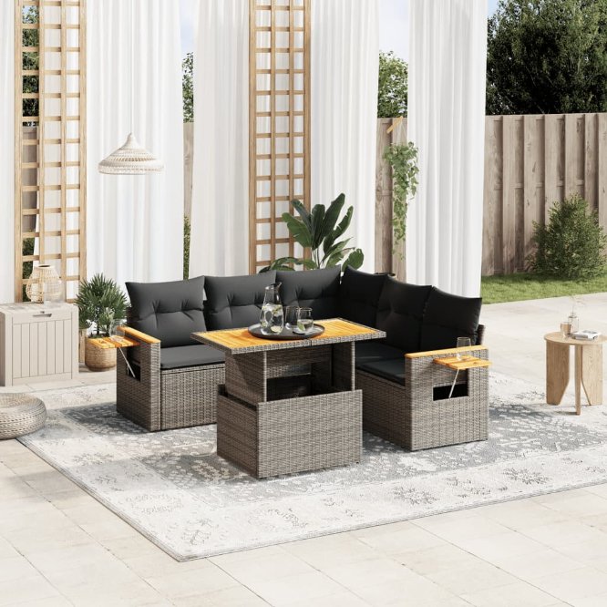 6-tlg. Garten-Sofagarnitur mit Kissen Schwarz Poly Rattan