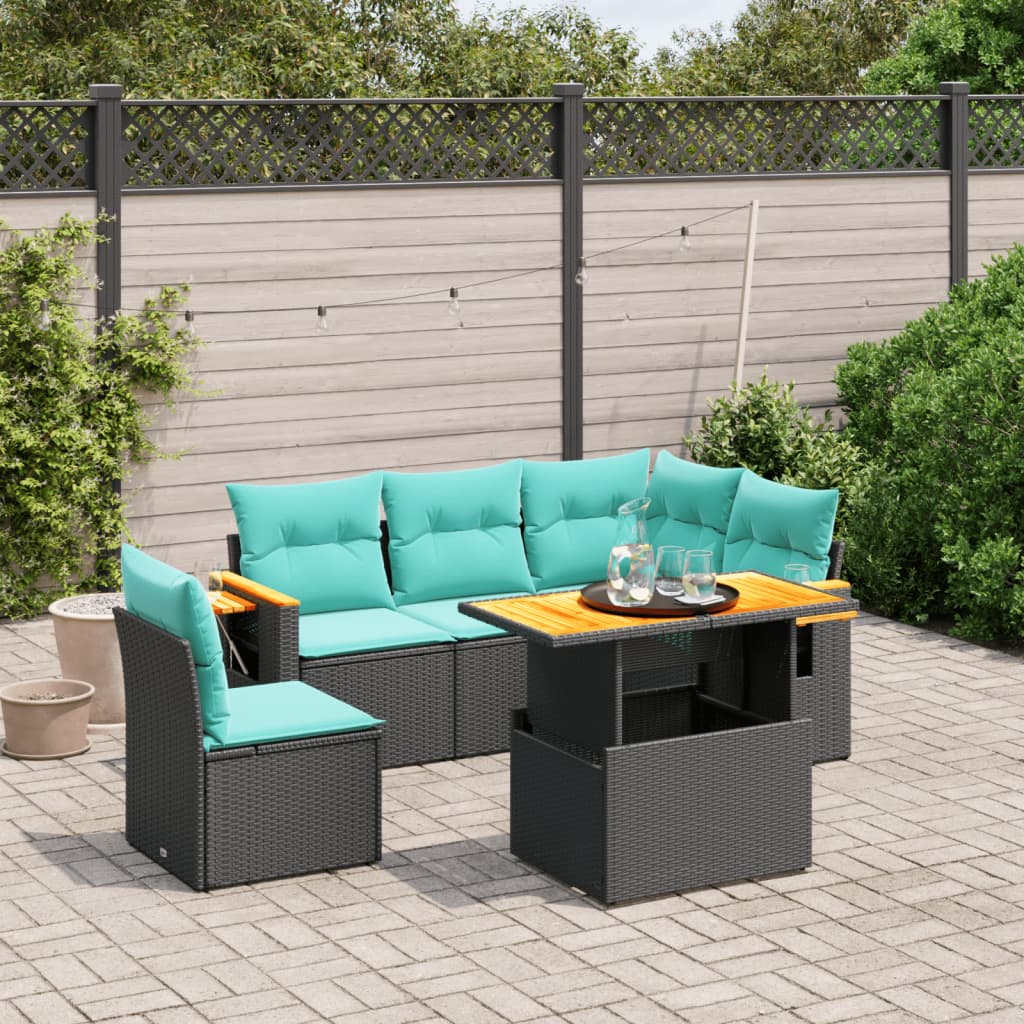 6-tlg. Garten-Sofagarnitur mit Kissen Schwarz Poly Rattan