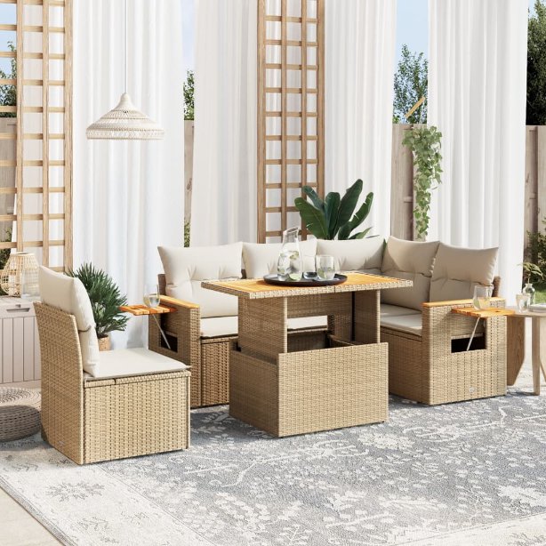 6-tlg. Garten-Sofagarnitur mit Kissen Schwarz Poly Rattan