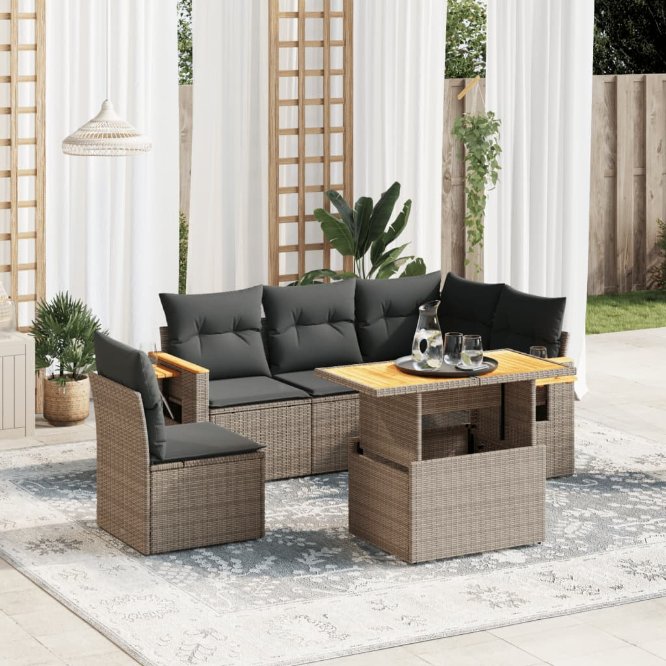 6-tlg. Garten-Sofagarnitur mit Kissen Schwarz Poly Rattan