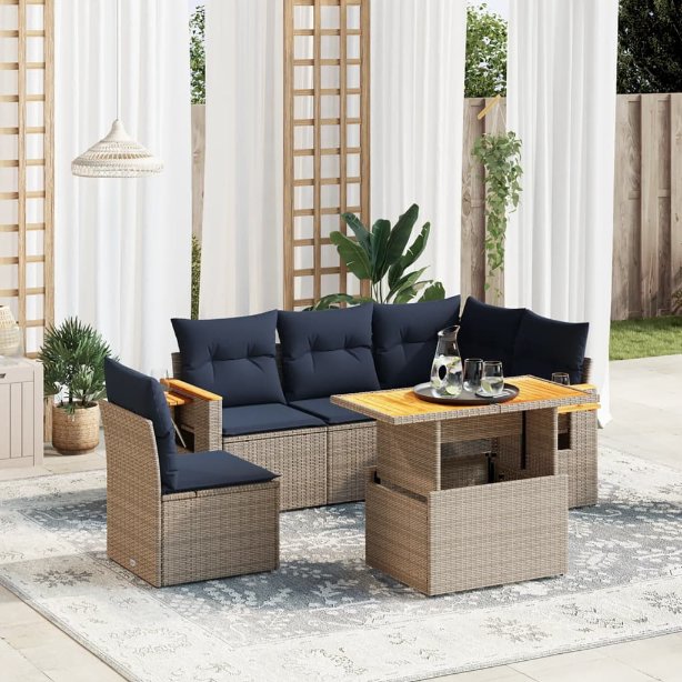 6-tlg. Garten-Sofagarnitur mit Kissen Schwarz Poly Rattan