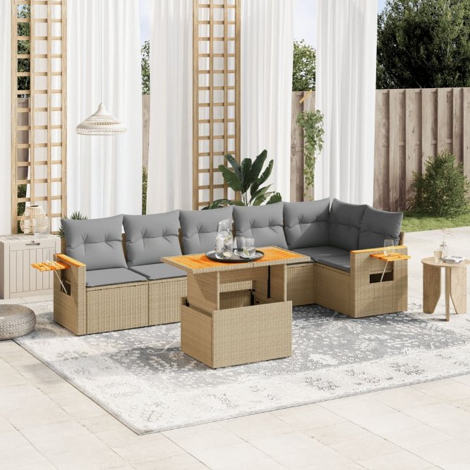 7-tlg. Garten-Sofagarnitur mit Kissen Schwarz Poly Rattan