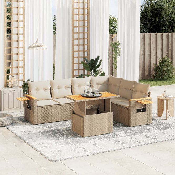 7-tlg. Garten-Sofagarnitur mit Kissen Schwarz Poly Rattan