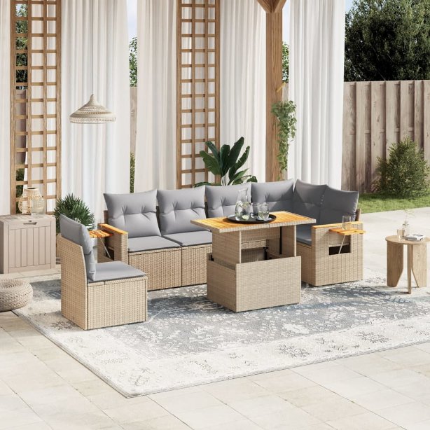 7-tlg. Garten-Sofagarnitur mit Kissen Schwarz Poly Rattan