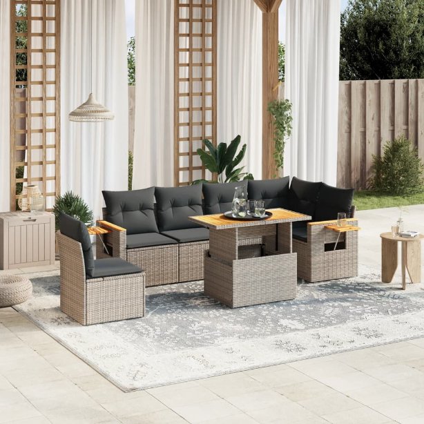 7-tlg. Garten-Sofagarnitur mit Kissen Schwarz Poly Rattan