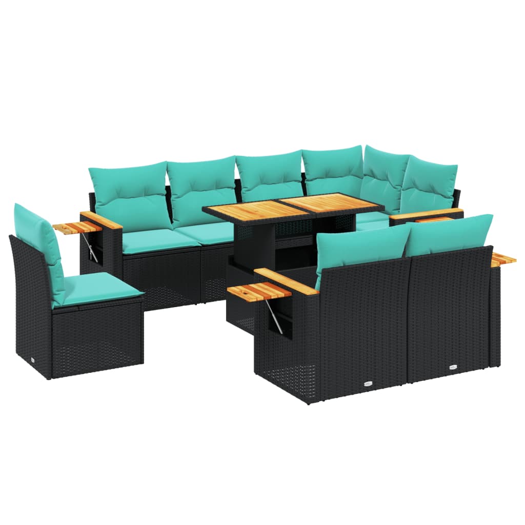 9-tlg. Garten-Sofagarnitur mit Kissen Schwarz Poly Rattan