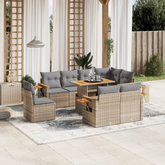 9-tlg. Garten-Sofagarnitur mit Kissen Schwarz Poly Rattan