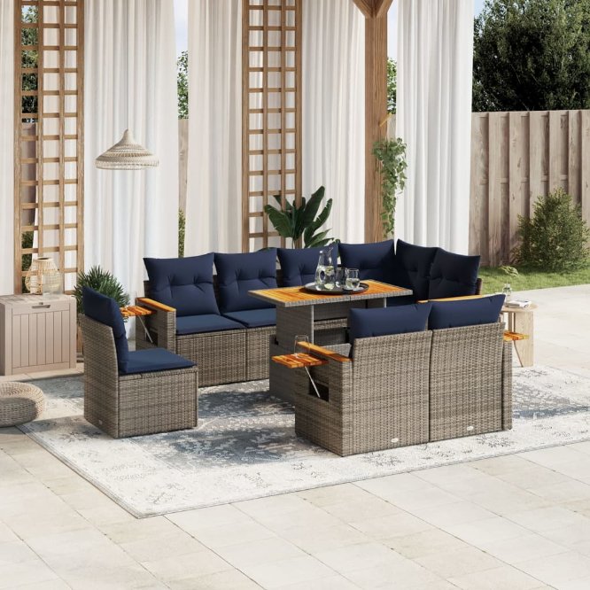 9-tlg. Garten-Sofagarnitur mit Kissen Schwarz Poly Rattan