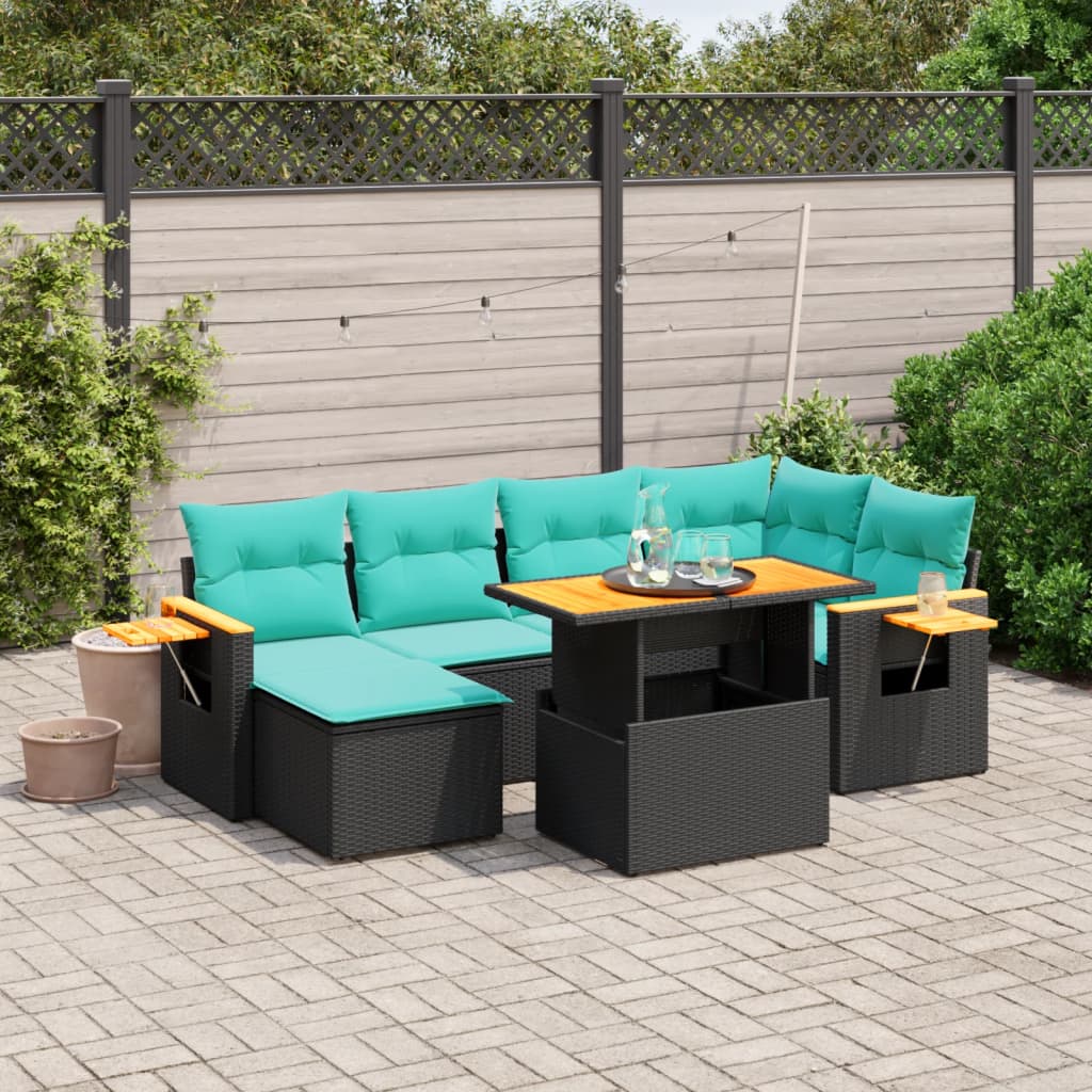 7-tlg. Garten-Sofagarnitur mit Kissen Schwarz Poly Rattan