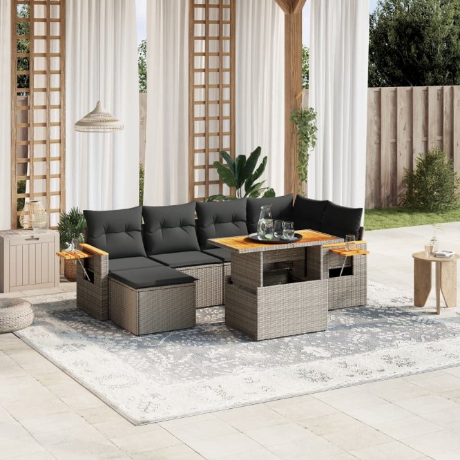 7-tlg. Garten-Sofagarnitur mit Kissen Schwarz Poly Rattan