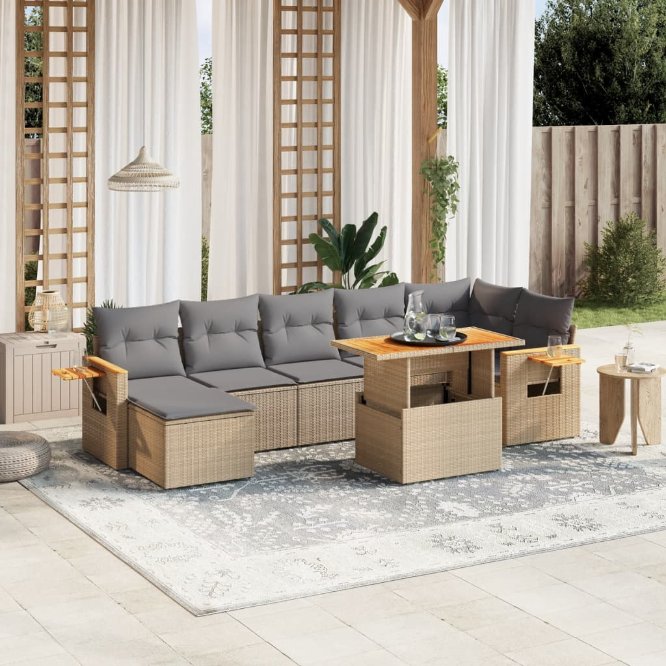 8-tlg. Garten-Sofagarnitur mit Kissen Schwarz Poly Rattan
