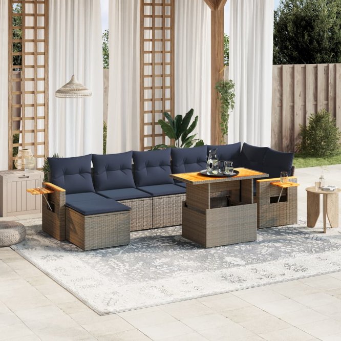 8-tlg. Garten-Sofagarnitur mit Kissen Schwarz Poly Rattan