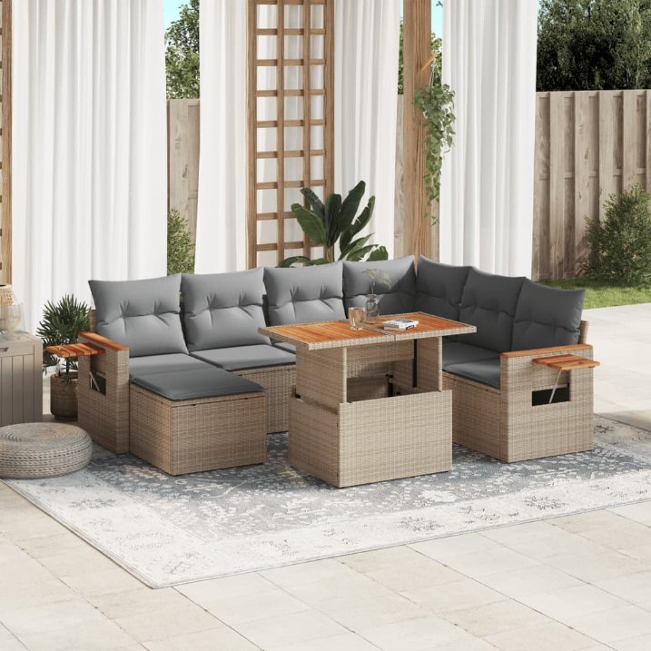 8-tlg. Garten-Sofagarnitur mit Kissen Schwarz Poly Rattan