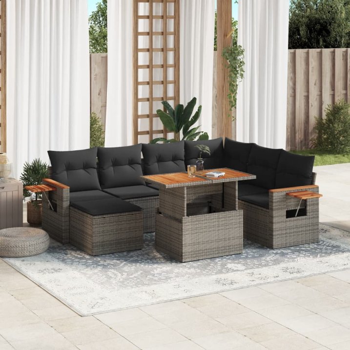 8-tlg. Garten-Sofagarnitur mit Kissen Schwarz Poly Rattan
