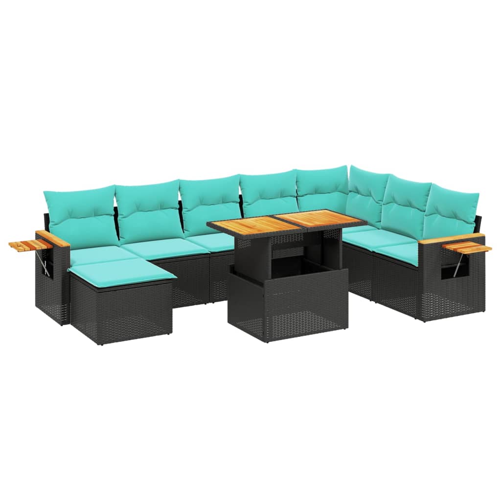 9-tlg. Garten-Sofagarnitur mit Kissen Schwarz Poly Rattan