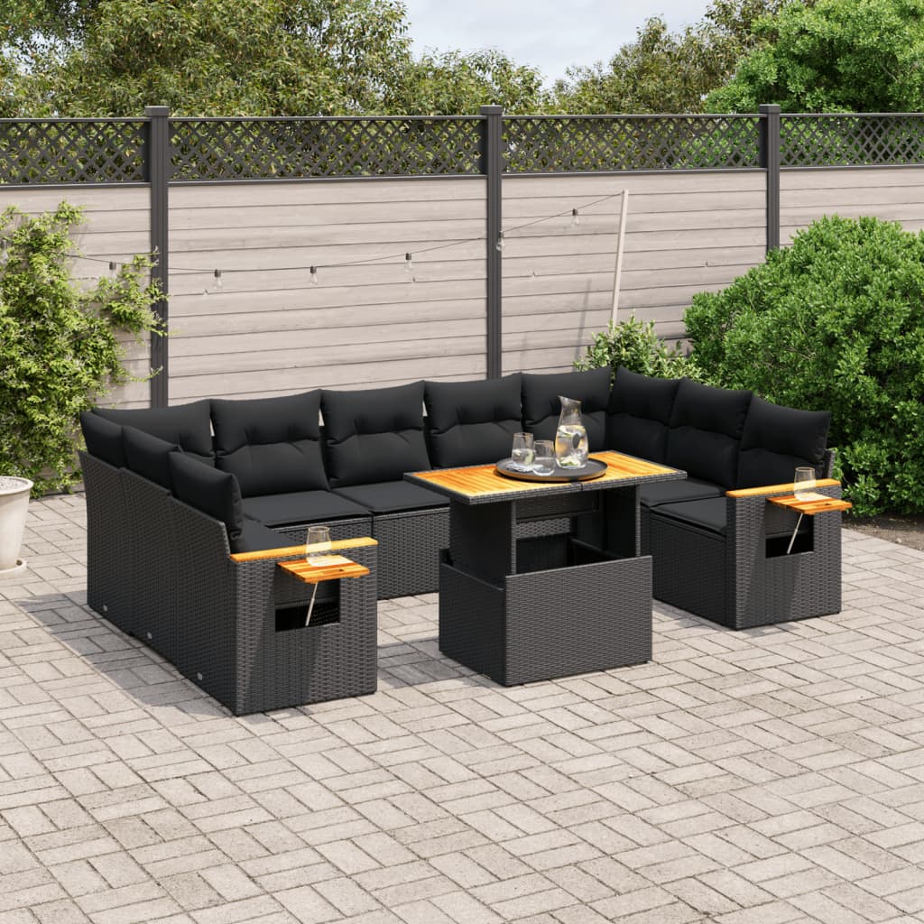 vidaXL 10-tlg. Garten-Sofagarnitur mit Kissen Schwarz Poly Rattan