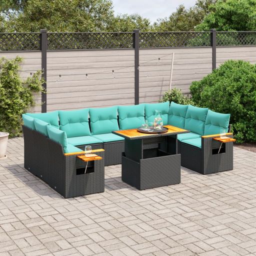 vidaXL 10-tlg. Garten-Sofagarnitur mit Kissen Schwarz Poly Rattan