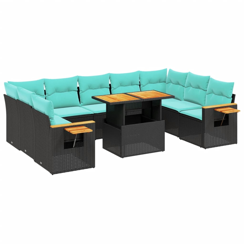 vidaXL 10-tlg. Garten-Sofagarnitur mit Kissen Schwarz Poly Rattan
