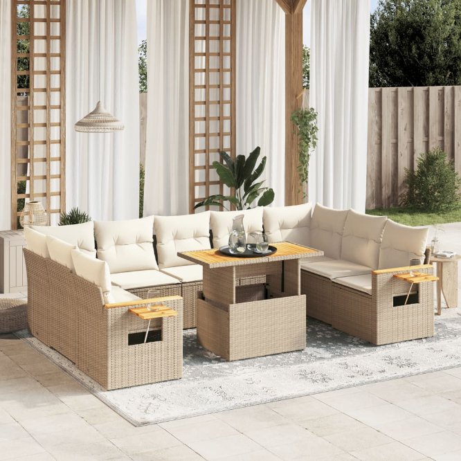 vidaXL 10-tlg. Garten-Sofagarnitur mit Kissen Schwarz Poly Rattan