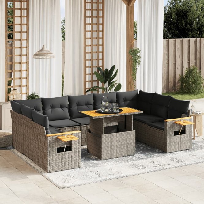 vidaXL 10-tlg. Garten-Sofagarnitur mit Kissen Schwarz Poly Rattan