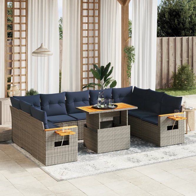 vidaXL 10-tlg. Garten-Sofagarnitur mit Kissen Schwarz Poly Rattan