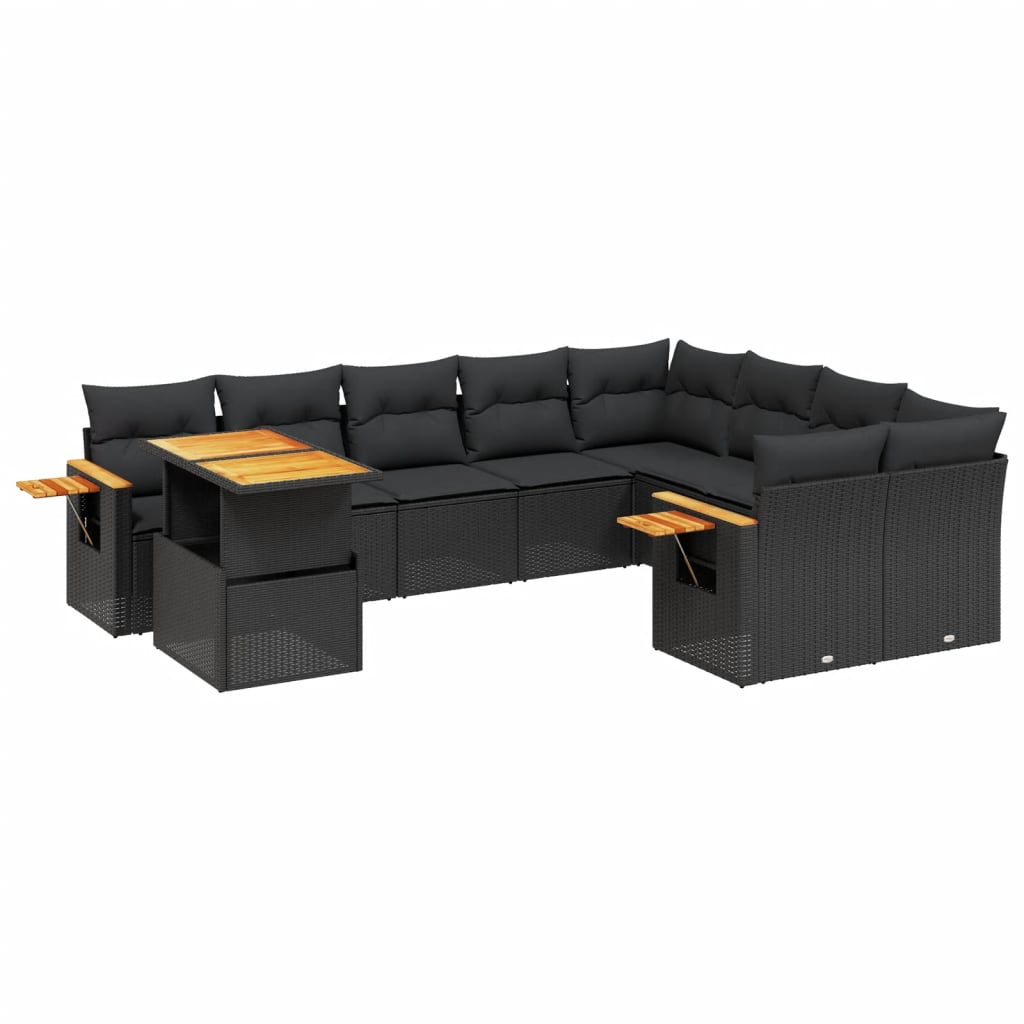 vidaXL 10-tlg. Garten-Sofagarnitur mit Kissen Schwarz Poly Rattan