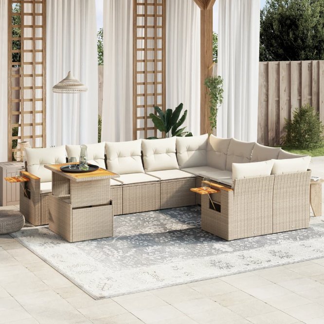 vidaXL 10-tlg. Garten-Sofagarnitur mit Kissen Schwarz Poly Rattan