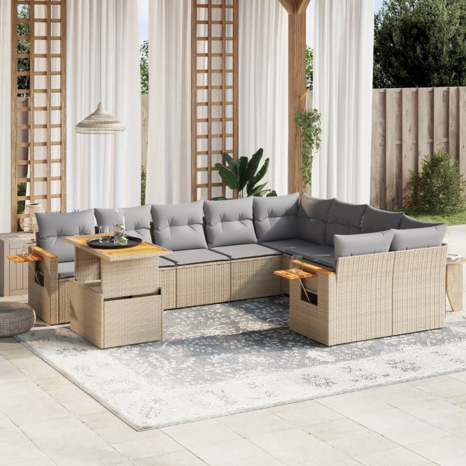 vidaXL 10-tlg. Garten-Sofagarnitur mit Kissen Schwarz Poly Rattan