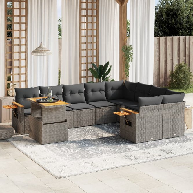 vidaXL 10-tlg. Garten-Sofagarnitur mit Kissen Schwarz Poly Rattan