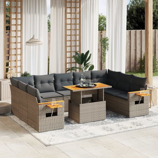 vidaXL 11-tlg. Garten-Sofagarnitur mit Kissen Schwarz Poly Rattan