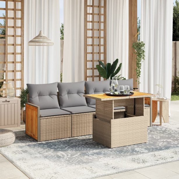 5-tlg. Garten-Sofagarnitur mit Kissen Schwarz Poly Rattan