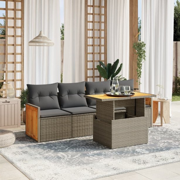 5-tlg. Garten-Sofagarnitur mit Kissen Schwarz Poly Rattan