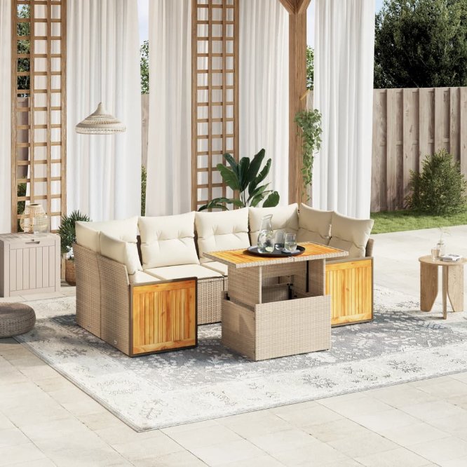 7-tlg. Garten-Sofagarnitur mit Kissen Schwarz Poly Rattan
