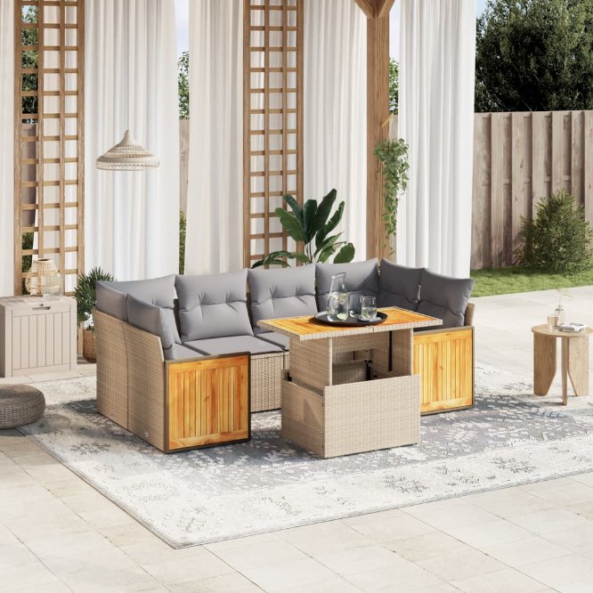 7-tlg. Garten-Sofagarnitur mit Kissen Schwarz Poly Rattan