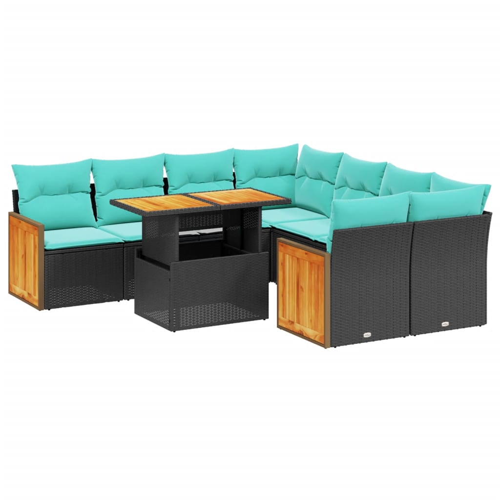 9-tlg. Garten-Sofagarnitur mit Kissen Schwarz Poly Rattan