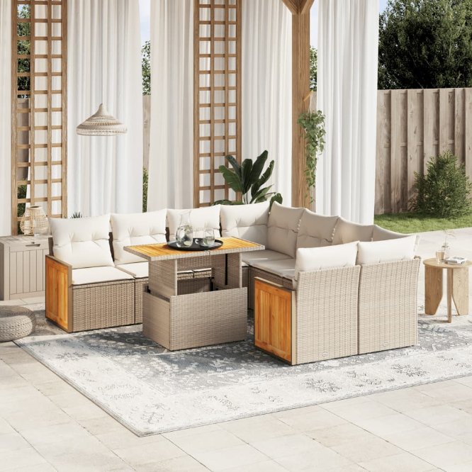 9-tlg. Garten-Sofagarnitur mit Kissen Schwarz Poly Rattan