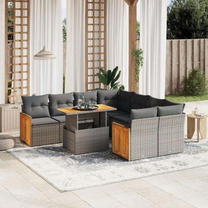 9-tlg. Garten-Sofagarnitur mit Kissen Schwarz Poly Rattan