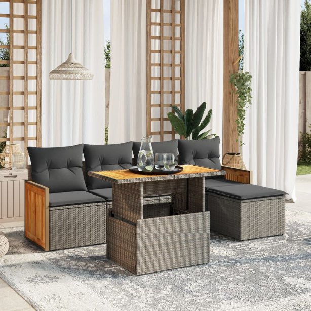 6-tlg. Garten-Sofagarnitur mit Kissen Schwarz Poly Rattan