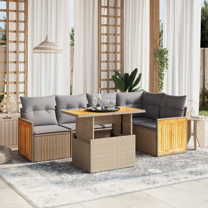 6-tlg. Garten-Sofagarnitur mit Kissen Schwarz Poly Rattan