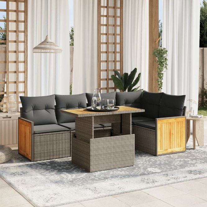 6-tlg. Garten-Sofagarnitur mit Kissen Schwarz Poly Rattan