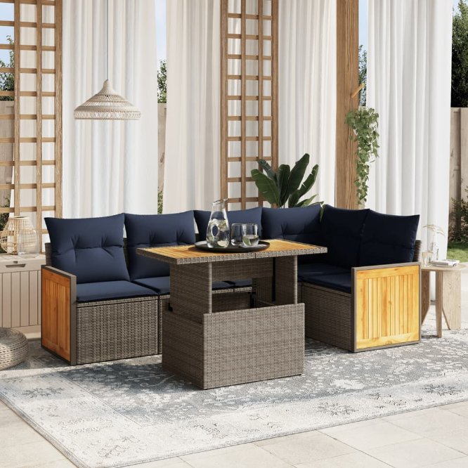 6-tlg. Garten-Sofagarnitur mit Kissen Schwarz Poly Rattan