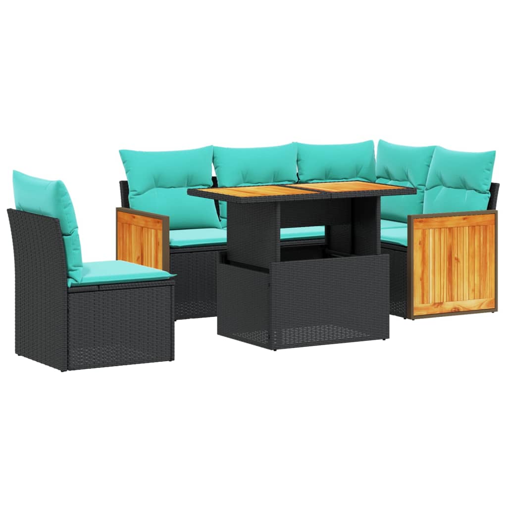 6-tlg. Garten-Sofagarnitur mit Kissen Schwarz Poly Rattan