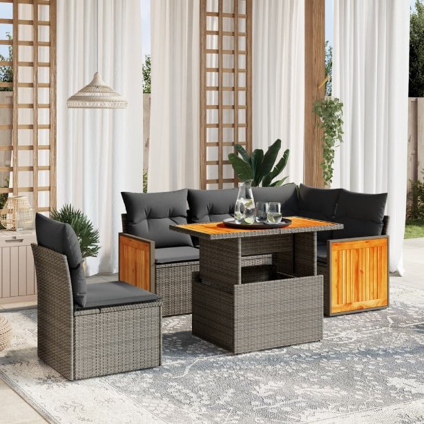 6-tlg. Garten-Sofagarnitur mit Kissen Schwarz Poly Rattan