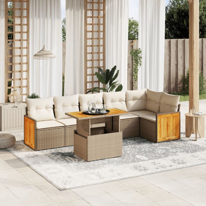 7-tlg. Garten-Sofagarnitur mit Kissen Schwarz Poly Rattan