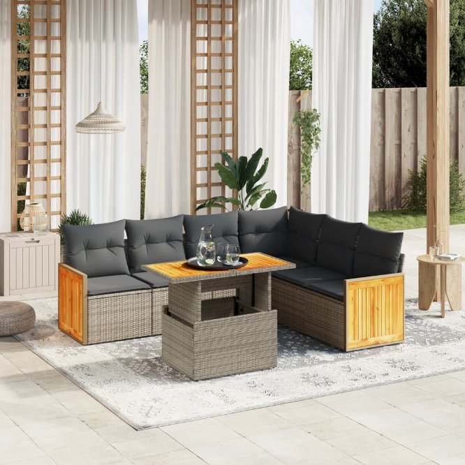 7-tlg. Garten-Sofagarnitur mit Kissen Schwarz Poly Rattan