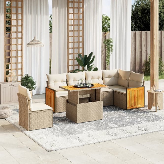 7-tlg. Garten-Sofagarnitur mit Kissen Schwarz Poly Rattan