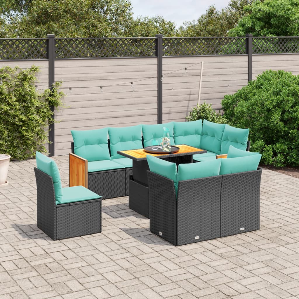 9-tlg. Garten-Sofagarnitur mit Kissen Schwarz Poly Rattan