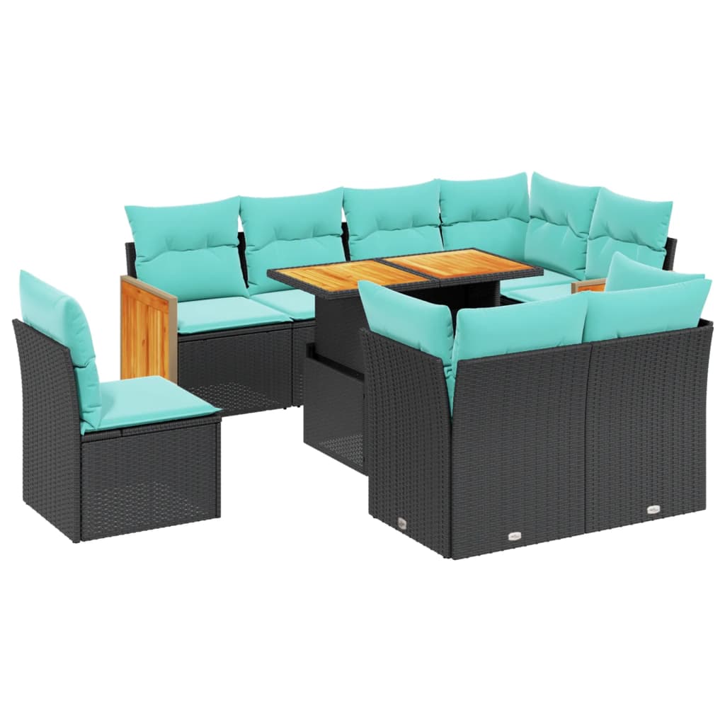 9-tlg. Garten-Sofagarnitur mit Kissen Schwarz Poly Rattan